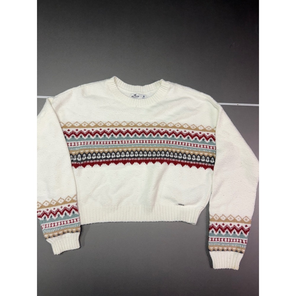 Hollister California White Fair Isle Cropped Crewneck Sweater Womens M